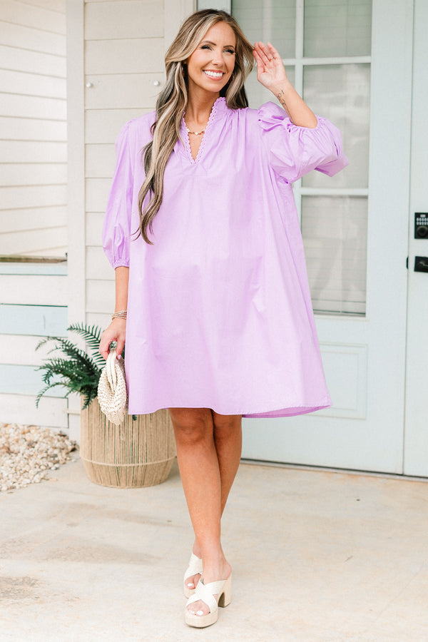 Chic Soul plus size clothing, short-bubble-sleeve lilac dress with v-neckline
