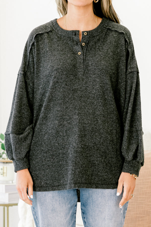 Chic Soul plus size clothing, heather black long-balloon sleeve partial button-up ribbed sweater top