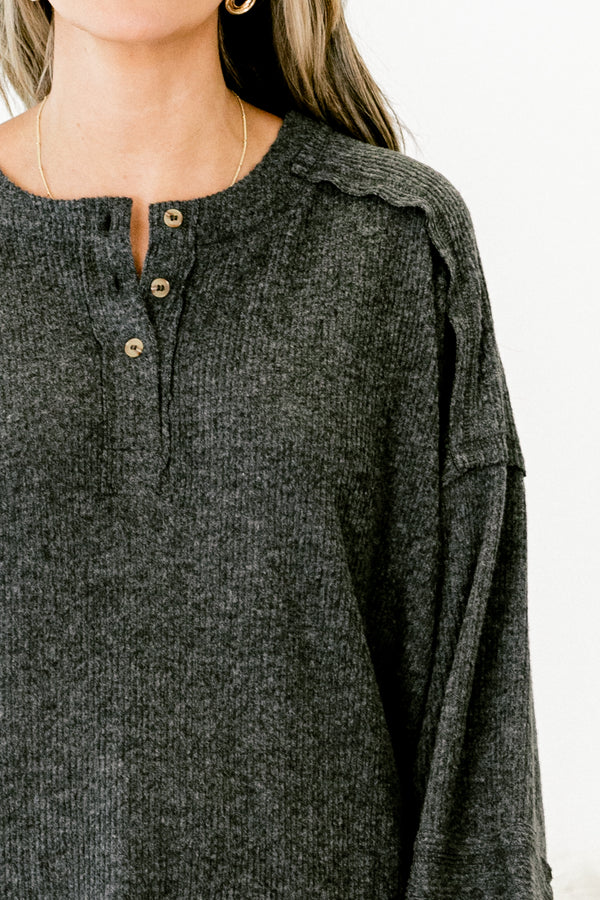 Chic Soul plus size clothing, heather black long-balloon sleeve partial button-up ribbed sweater top