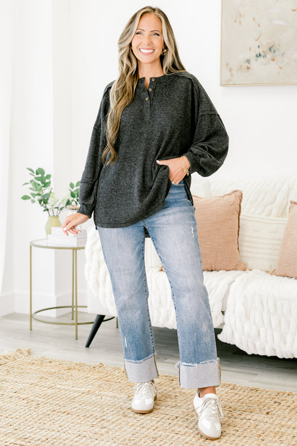 Chic Soul plus size clothing, heather black long-balloon sleeve partial button-up ribbed sweater top