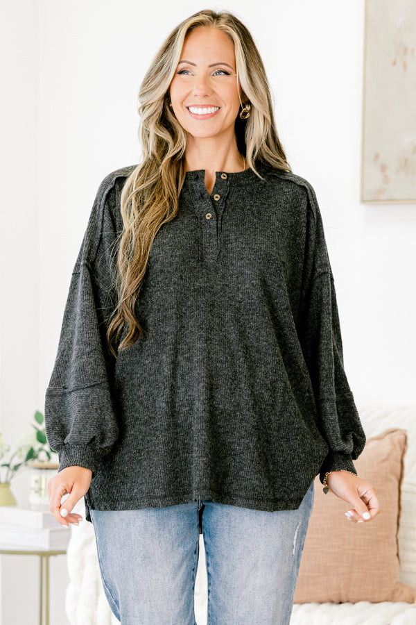 Chic Soul plus size clothing, heather black long-balloon sleeve partial button-up ribbed sweater top