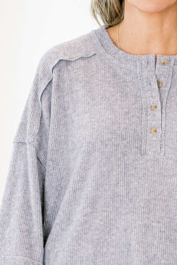 Chic Soul plus size clothing, heather grey long sleeve half-button-up casual sweater top