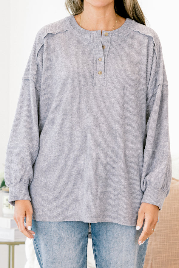 Chic Soul plus size clothing, heather grey long sleeve half-button-up casual sweater top