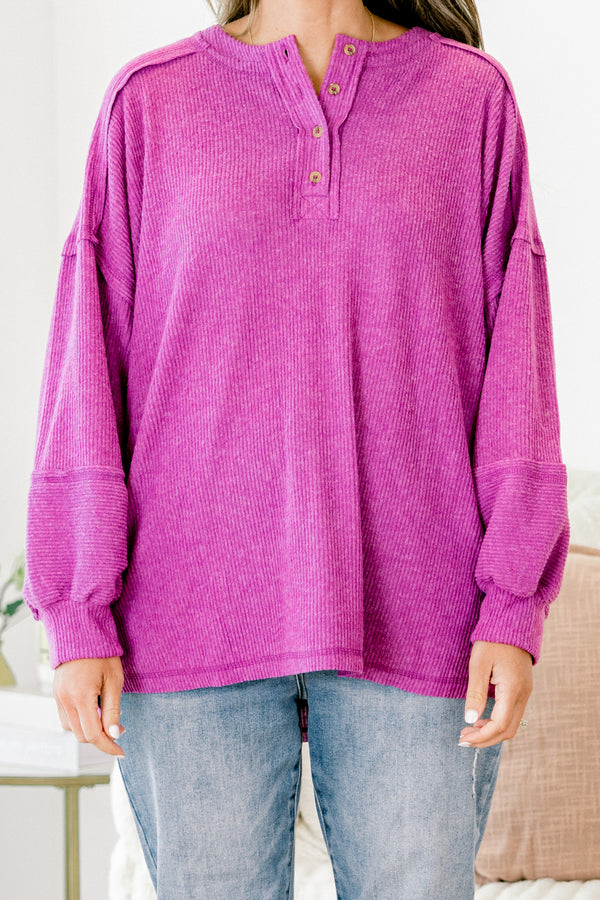 Chic Soul plus size clothing, light plum long sleeve sweater with buttons going up the chest and stitching details on the sleeves and bottom of the shirt 