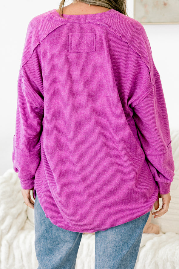 Chic Soul plus size clothing, light plum long sleeve sweater with buttons going up the chest and stitching details on the sleeves and bottom of the shirt 