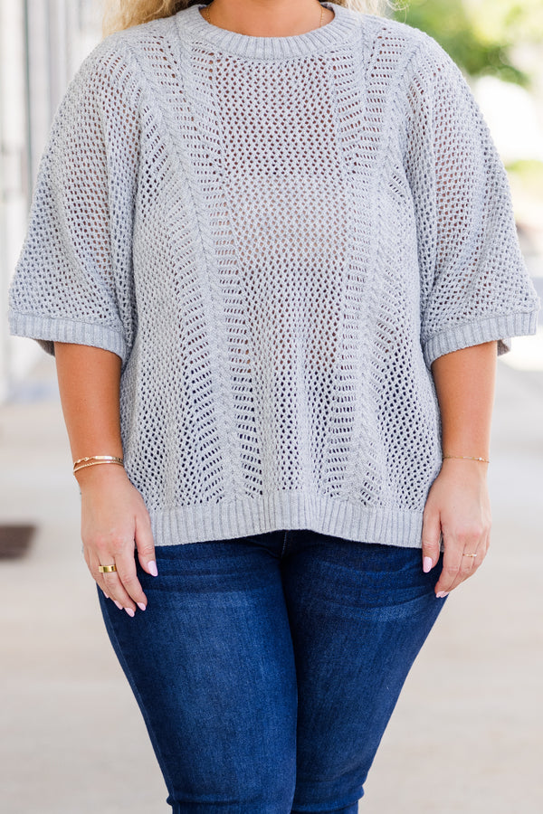 Chic Soul plus size clothing, short-sleeve heather grey crochet knit top 