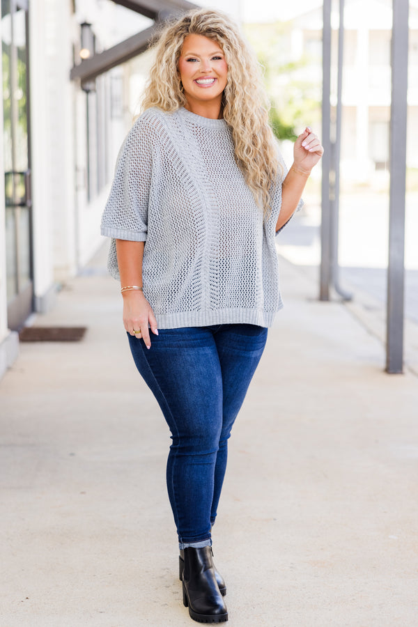 Chic Soul plus size clothing, short-sleeve heather grey crochet knit top 