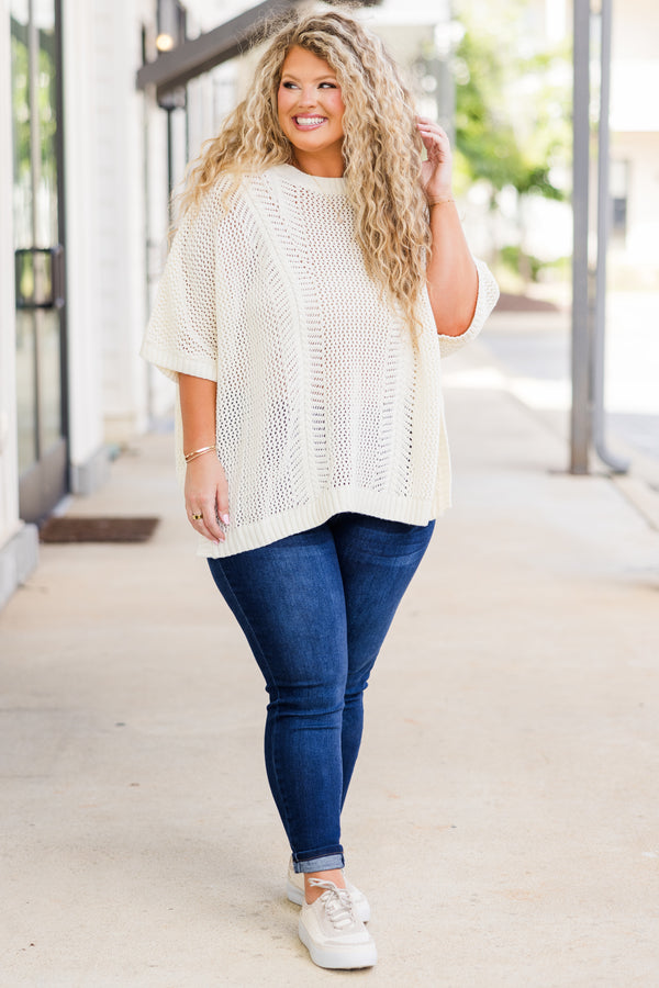 Chic Soul plus size clothing, short-sleeve knit ivory top with high-scoop-neckline and striped knit pattern