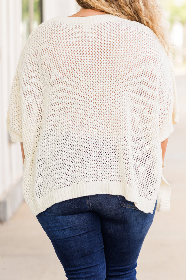 Chic Soul plus size clothing, short-sleeve knit ivory top with high-scoop-neckline and striped knit pattern