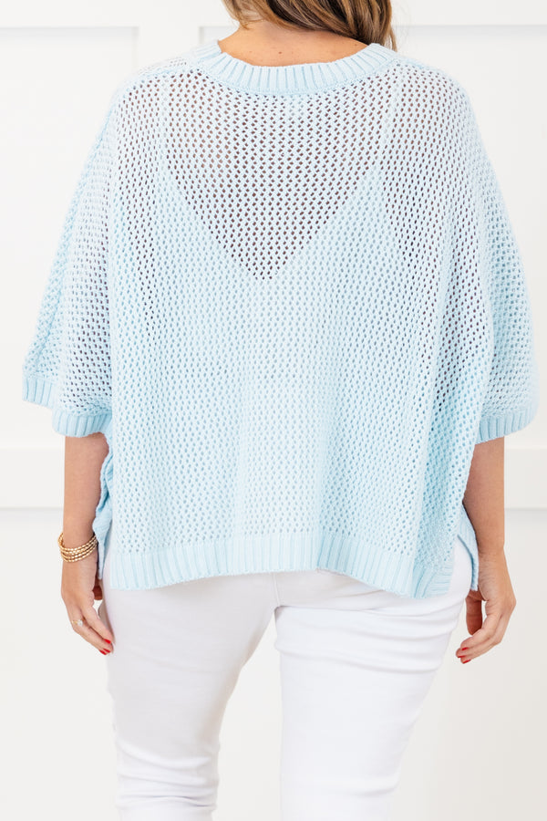 Chic Soul plus size clothing, short-sleeve light blue knit crochet top with a high-scoop-neckline