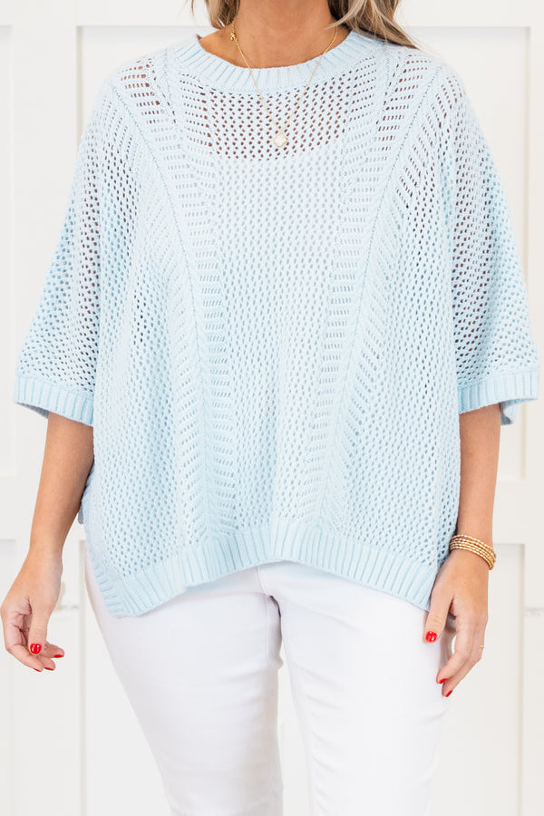 Chic Soul plus size clothing, short-sleeve light blue knit crochet top with a high-scoop-neckline