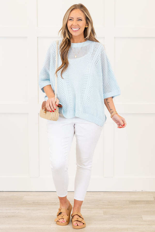 Chic Soul plus size clothing, short-sleeve light blue knit crochet top with a high-scoop-neckline