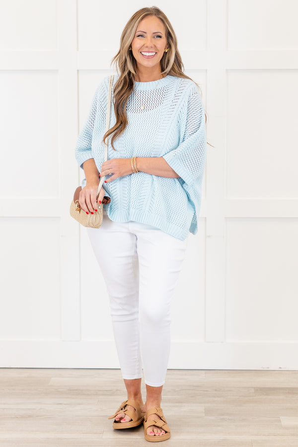 Chic Soul plus size clothing, short-sleeve light blue knit crochet top with a high-scoop-neckline