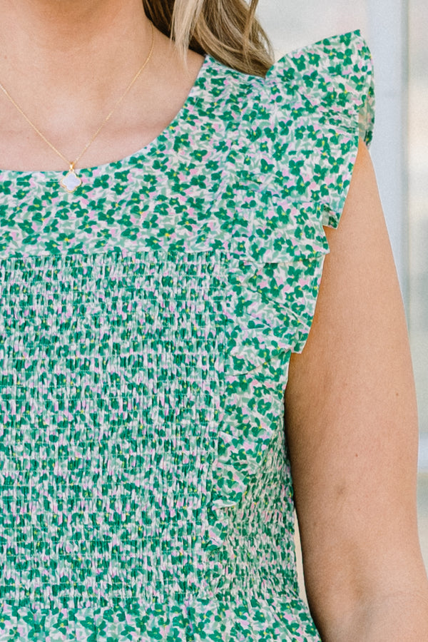 Chic Soul plus size clothing, short-flutter-sleeve mint green ruffled maxi dress with a smocked bodice and a high-scoop-neckline with a subtle mint green and white floral pattern