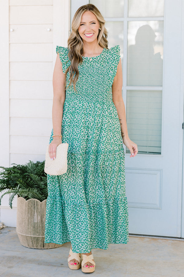 Chic Soul plus size clothing, short-flutter-sleeve mint green ruffled maxi dress with a smocked bodice and a high-scoop-neckline with a subtle mint green and white floral pattern