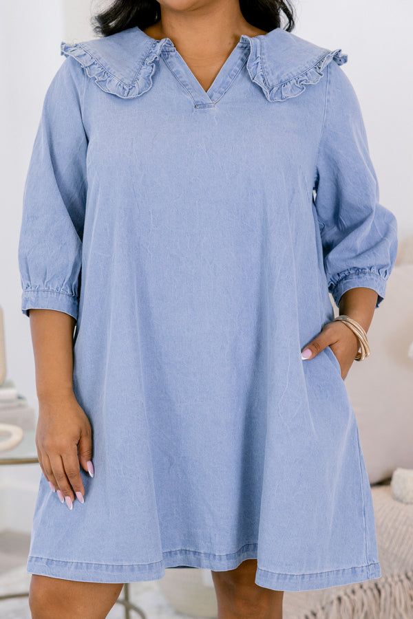 Chic Soul plus size clothing, denim 3/4 length sleeve shift dress with subtle v neckline and peter pan color