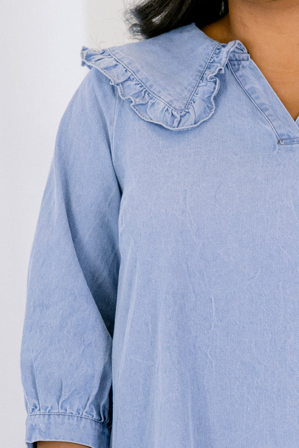 Chic Soul plus size clothing, denim 3/4 length sleeve shift dress with subtle v neckline and peter pan color