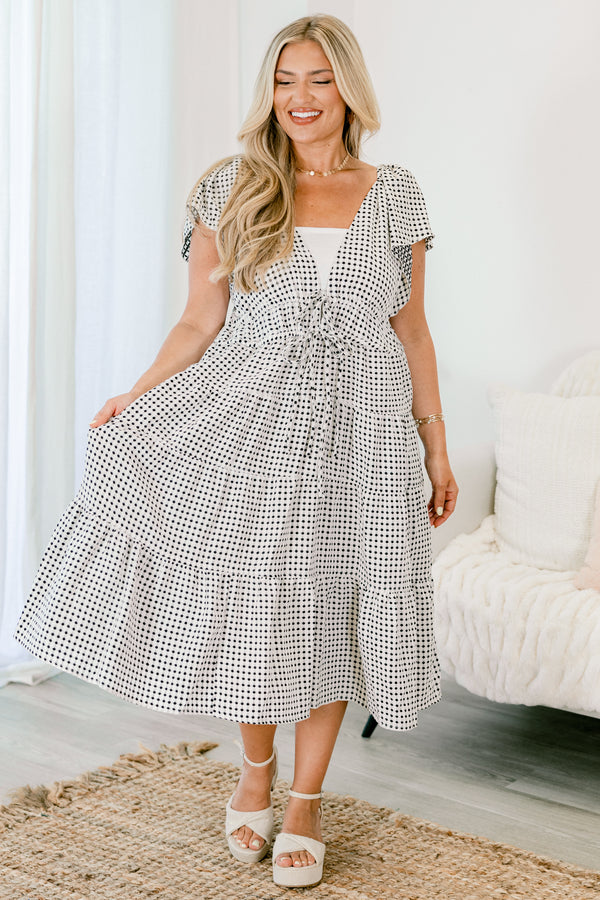 Chic Soul plus size clothing, short-sleeve black and white ruffled midi dress with a deep-v-neckline