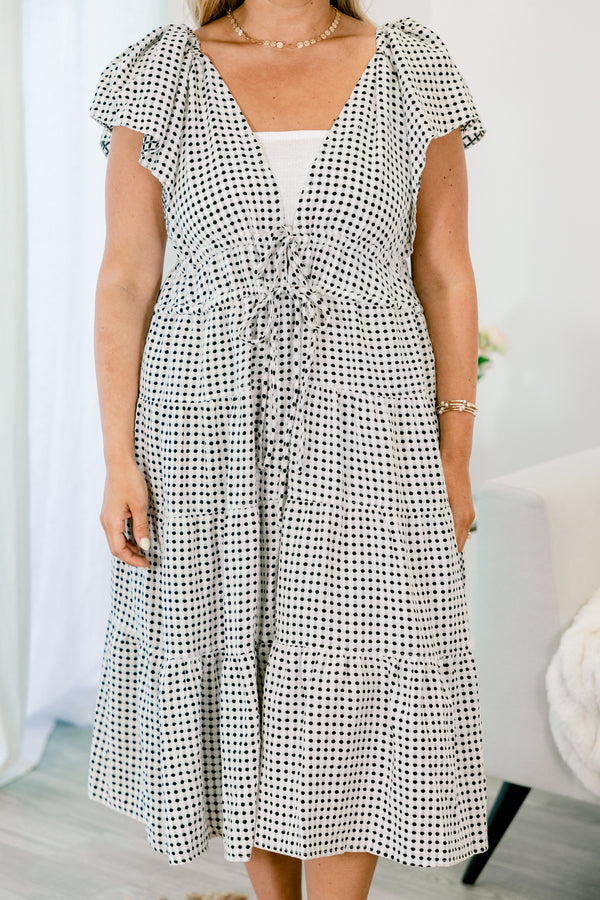 Chic Soul plus size clothing, short-sleeve black and white ruffled midi dress with a deep-v-neckline