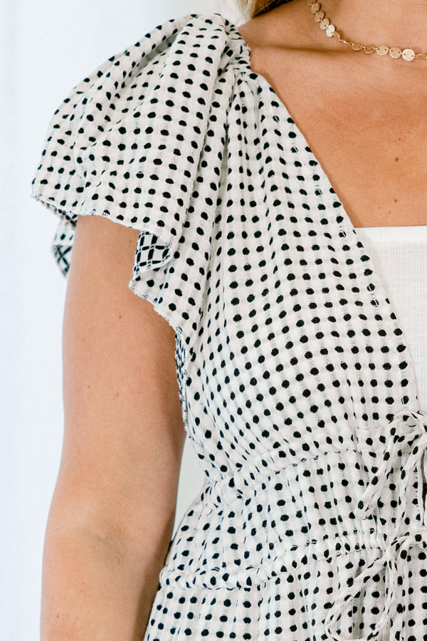Chic Soul plus size clothing, short-sleeve black and white ruffled midi dress with a deep-v-neckline