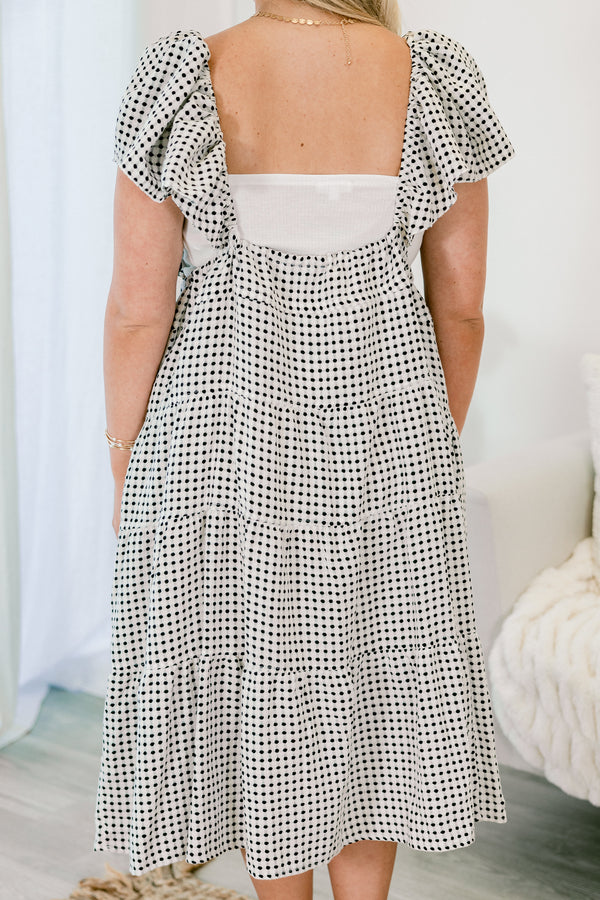 Chic Soul plus size clothing, short-sleeve black and white ruffled midi dress with a deep-v-neckline