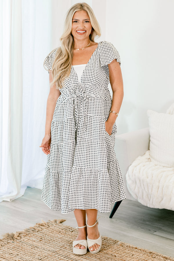 Chic Soul plus size clothing, short-sleeve black and white ruffled midi dress with a deep-v-neckline