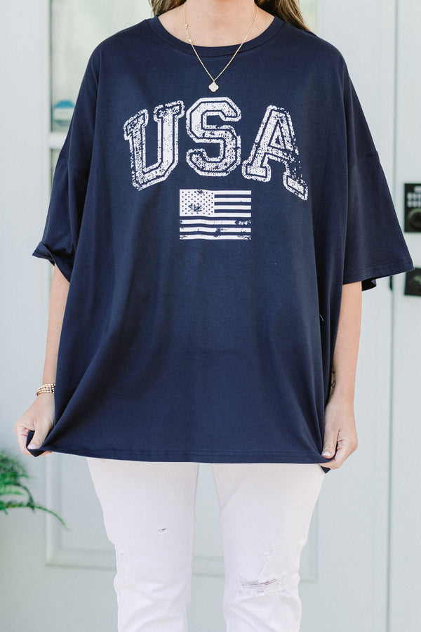 Plus Size oversized midnight navy boyfriend tee with a white distressed USA flag graphic.