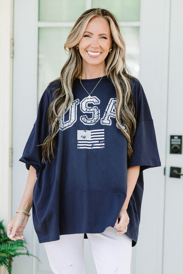 Plus Size oversized midnight navy boyfriend tee with a white distressed USA flag graphic.