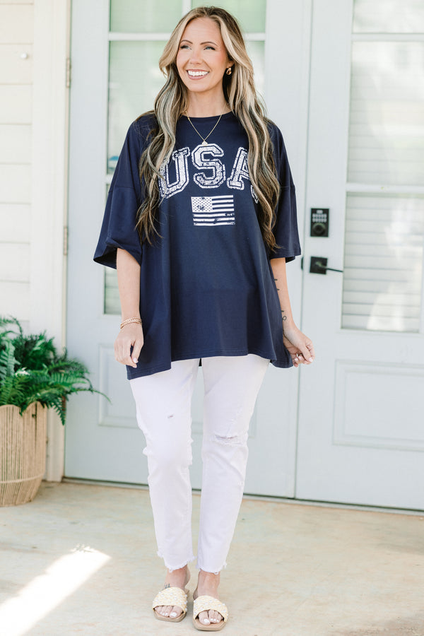 Plus Size oversized midnight navy boyfriend tee with a white distressed USA flag graphic.