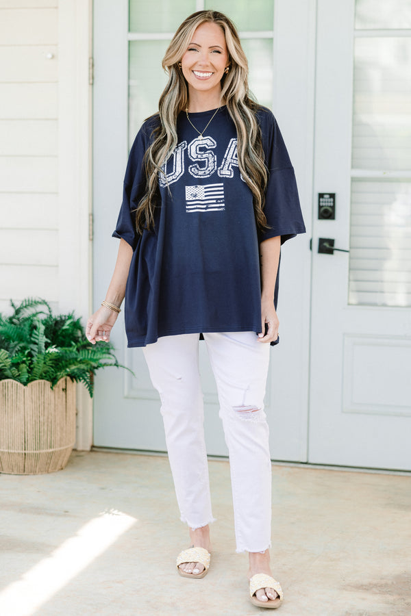 Plus Size oversized midnight navy boyfriend tee with a white distressed USA flag graphic.