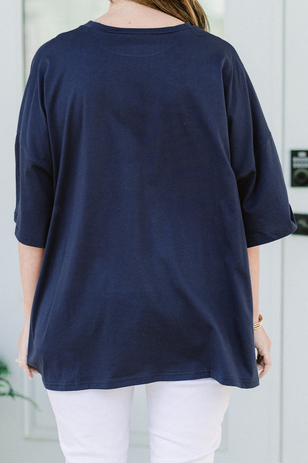 Plus Size oversized midnight navy boyfriend tee with a white distressed USA flag graphic.