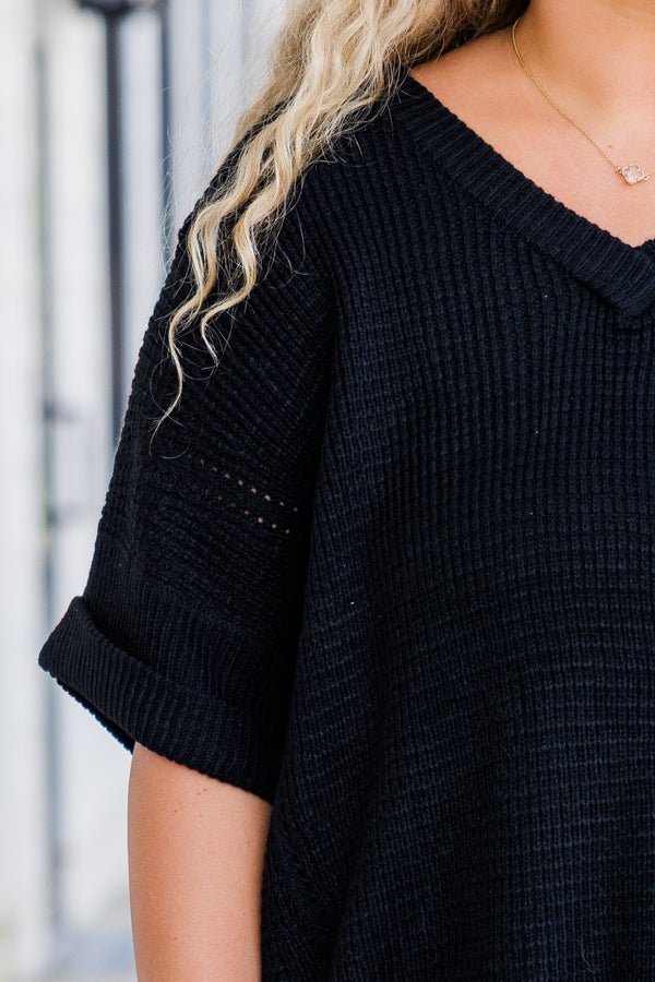 Chic Soul plus size clothing, black plain knit short sleeve tee with v neckline and rolled cuff sleeve detail 
