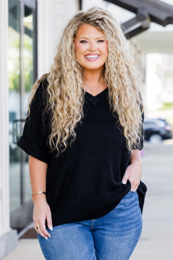 Chic Soul plus size clothing, black plain knit short sleeve tee with v neckline and rolled cuff sleeve detail 
