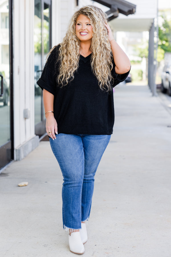 Chic Soul plus size clothing, black plain knit short sleeve tee with v neckline and rolled cuff sleeve detail 
