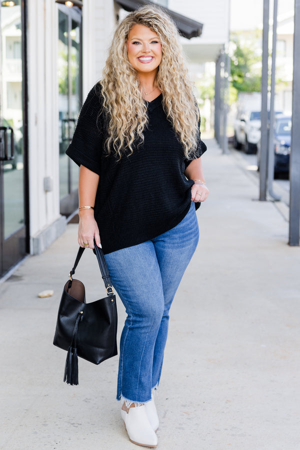 Chic Soul plus size clothing, black plain knit short sleeve tee with v neckline and rolled cuff sleeve detail 

