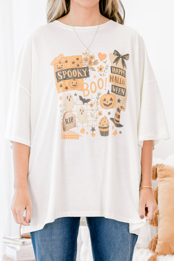 Chic Soul plus size clothing, ivory short sleeve graphic with a graphic in the center of the shirt that has various Halloween objects 