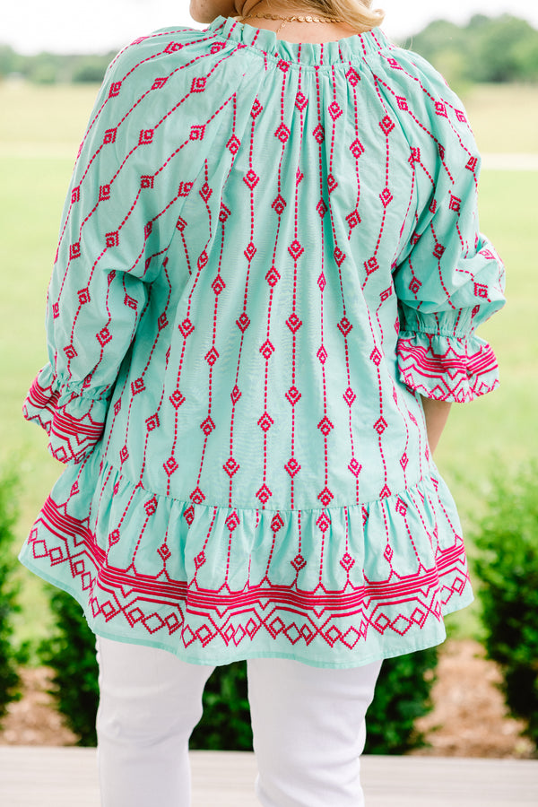 Chic Soul plus size clothing.  aqua half sleeve top with pink embroidery details throughout and a slight v-neck 