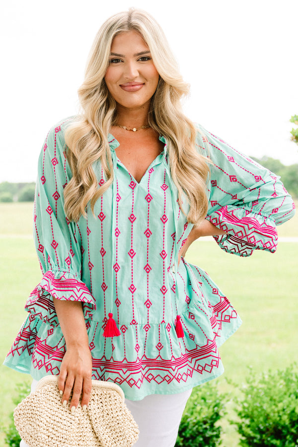 Chic Soul plus size clothing.  aqua half sleeve top with pink embroidery details throughout and a slight v-neck 
