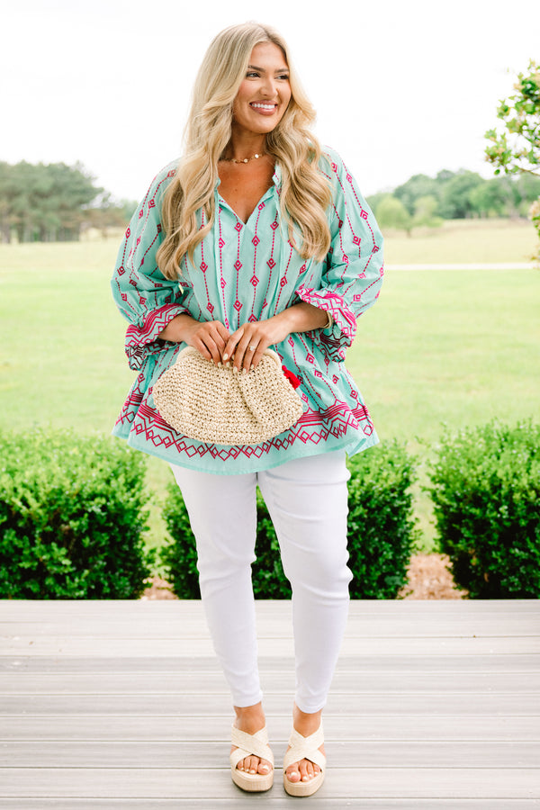 Chic Soul plus size clothing.  aqua half sleeve top with pink embroidery details throughout and a slight v-neck 