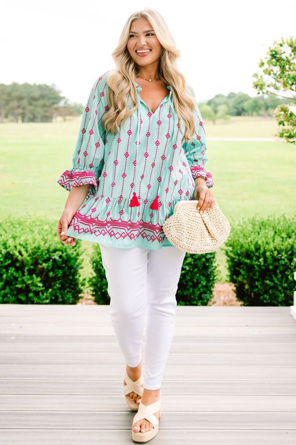 Chic Soul plus size clothing.  aqua half sleeve top with pink embroidery details throughout and a slight v-neck 