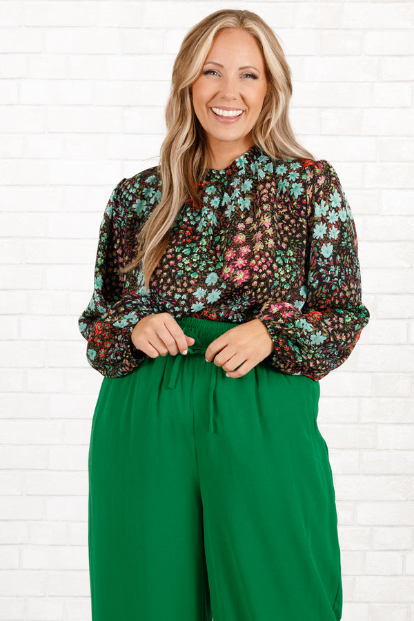 Chic Soul plus size clothing, multicolored floral pattern top with a high neckline and bubble sleeves