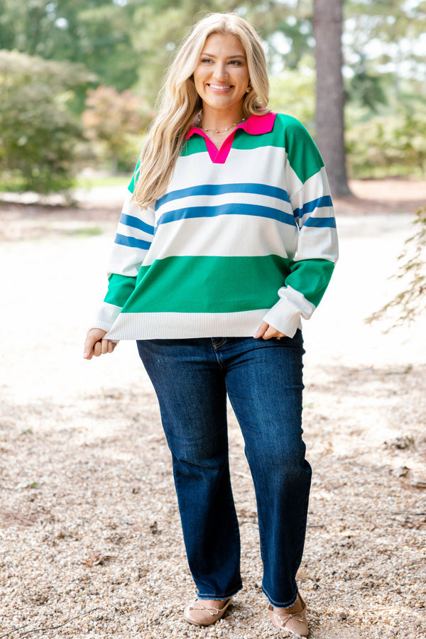 Chic Soul plus size clothing, green white and blue multi striped sweater with bright pink collar