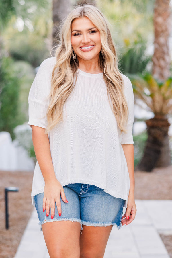 Chic Soul plus size clothing, off-white short sleeve textured top with a scoop neck line