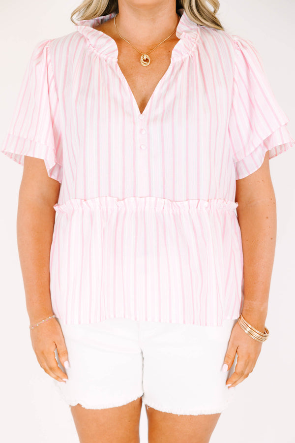 Chic Soul plus size clothing, pink stripe pattern short sleeve top with v neckline with button detailing with ruffle tiered sleeves with ruffle along center 