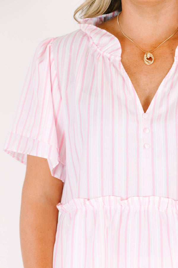 Chic Soul plus size clothing, pink stripe pattern short sleeve top with v neckline with button detailing with ruffle tiered sleeves with ruffle along center 