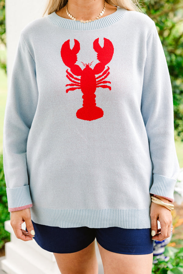 Chic Soul plus size clothing, light blue gray long sleeve crewneck novelty sweater with stitched bright red lobster on front