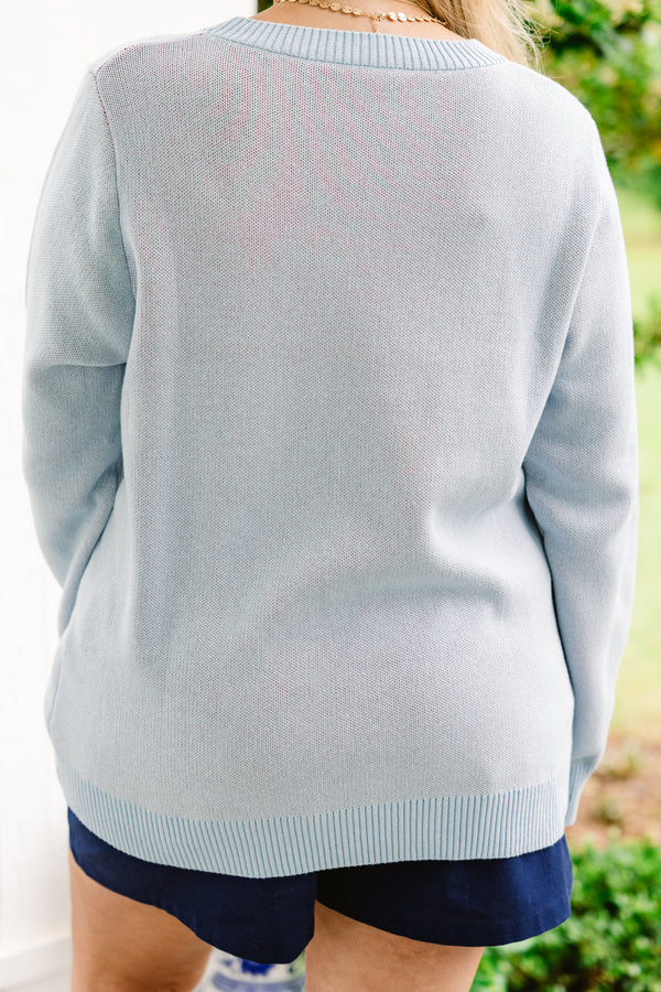 Chic Soul plus size clothing, light blue gray long sleeve crewneck novelty sweater with stitched bright red lobster on front