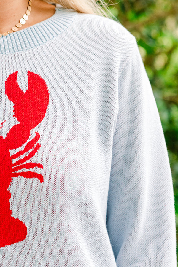Chic Soul plus size clothing, light blue gray long sleeve crewneck novelty sweater with stitched bright red lobster on front