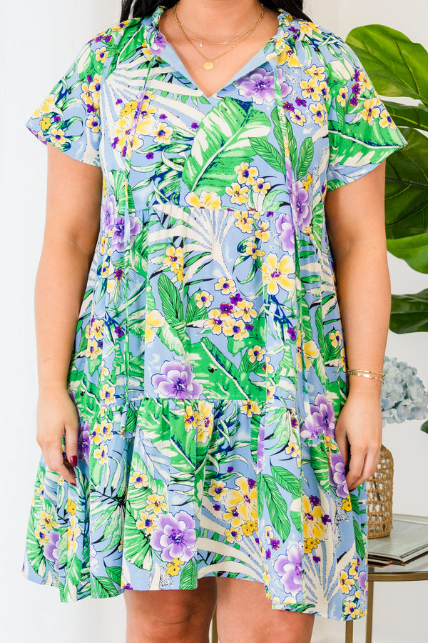 Chic Soul plus size clothing, blue combo short sleeve mini dress with v cutout on neckline with drawstring and tropical design