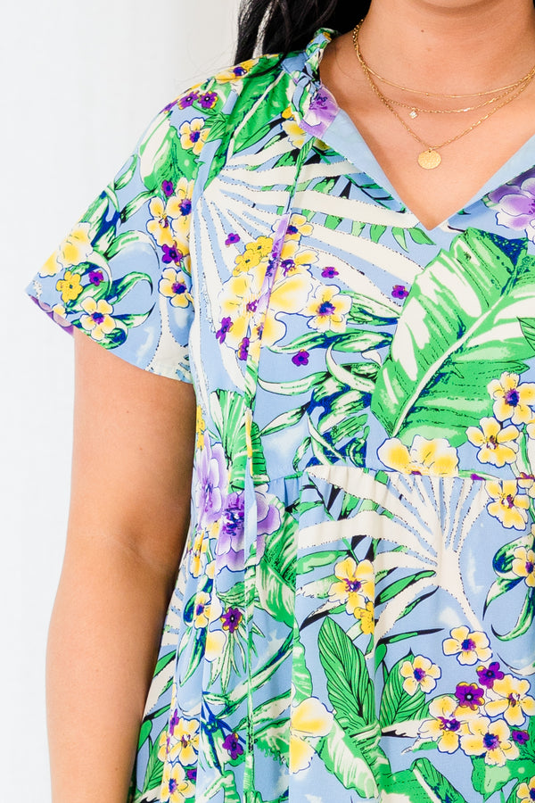 Chic Soul plus size clothing, blue combo short sleeve mini dress with v cutout on neckline with drawstring and tropical design